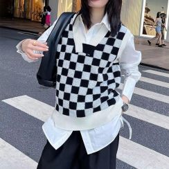 Womens Plaid Casual Cashmere Knit Vest